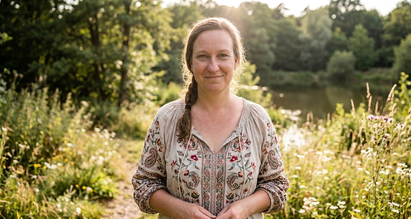 Christine lächelt in die Kamera, im Hintergrund sommerliche Natur mit See im Sonnenlicht