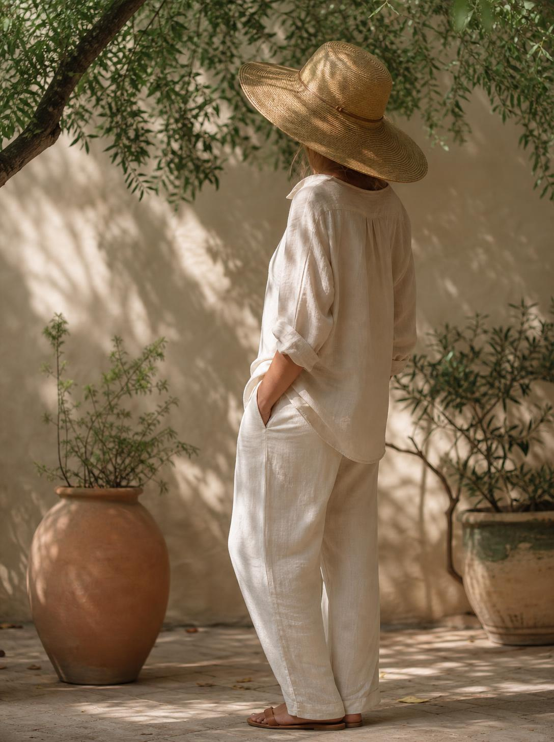 Frau mit Strohhut und Leinenkleidung geht durch einen sonnigen mediterranen Innenhof mit Olivenbaum, als Beispiel für stilvollen Sonnenschutz